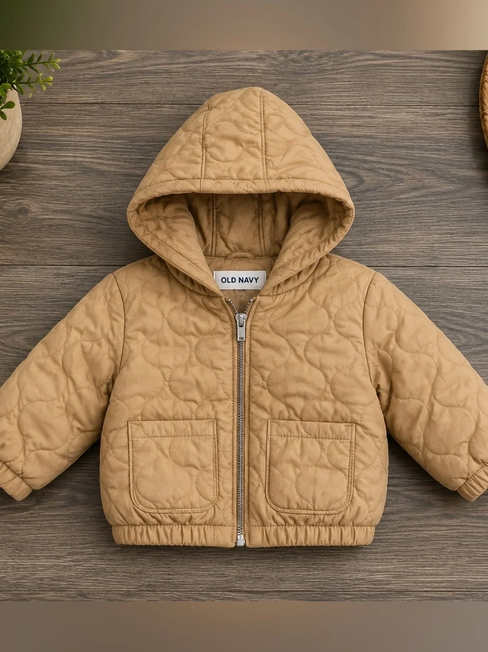 Old Navy Hooded Quilted Puffer Jacket in Tan Brown Beige